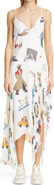 MONSE NYC Scrapbook Print Pleated Asymmetric Slipdress