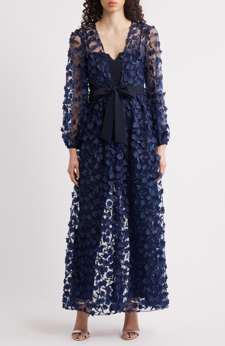 Julia Jordan Floral Overlay Jacket & Belted Jumpsuit, Main, color, Navy