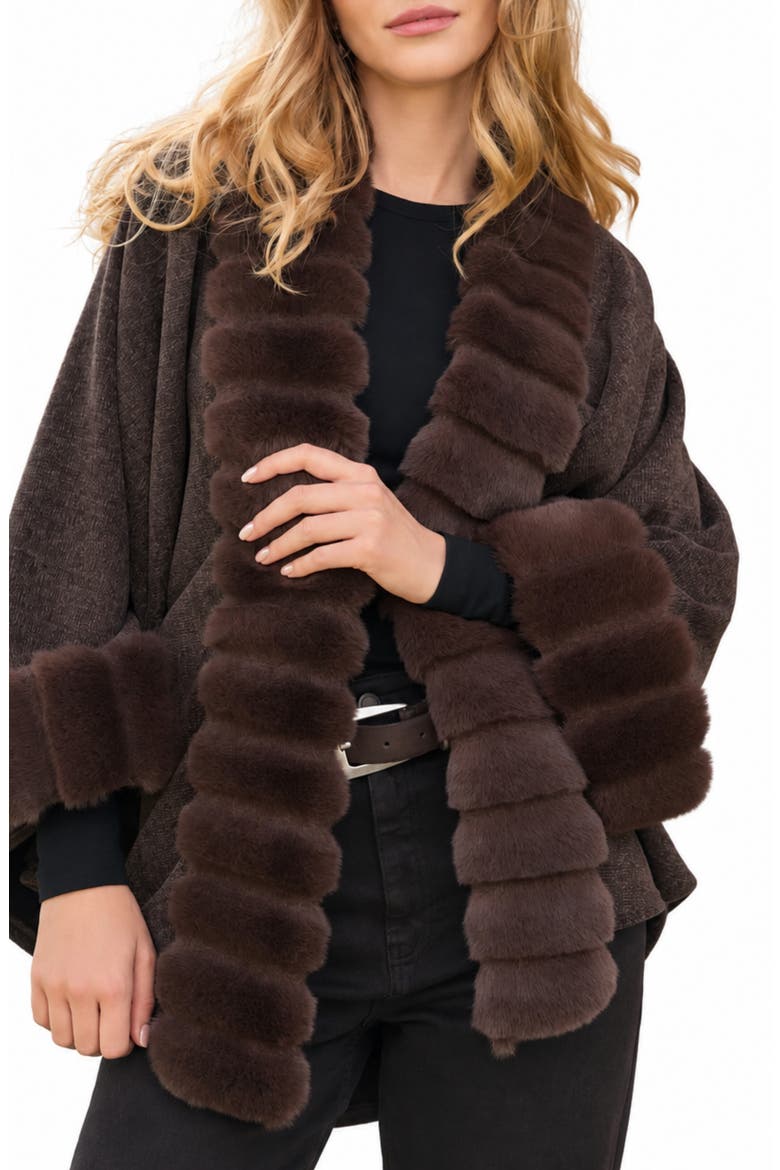 Faux Fur Trim Cape, Main, color, DARK BROWN