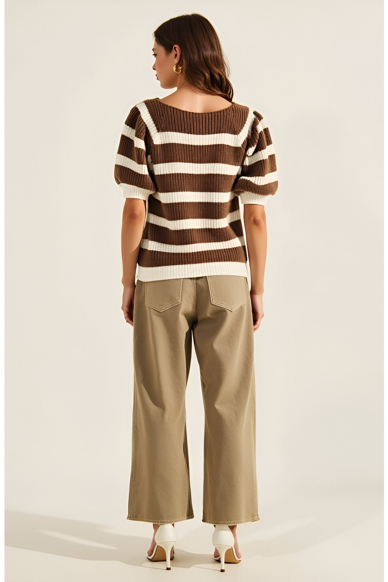 Striped Short Sleeve Sweater with Puff Shoulders and Square Neckline, Alternate, color, Brown / Off White Stripe