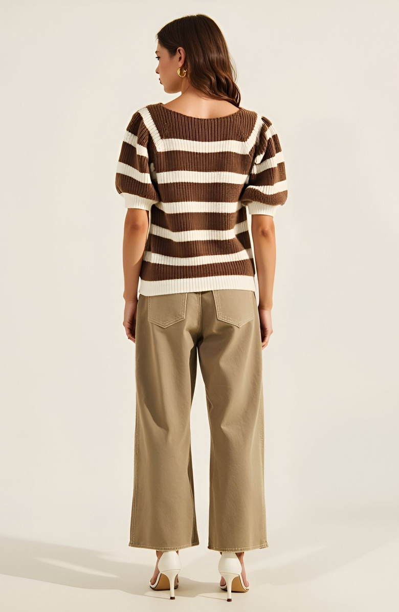 Modenaire Striped Short Sleeve Sweater with Puff Shoulders and Square Neckline, Alternate, color, Brown / Off White Stripe