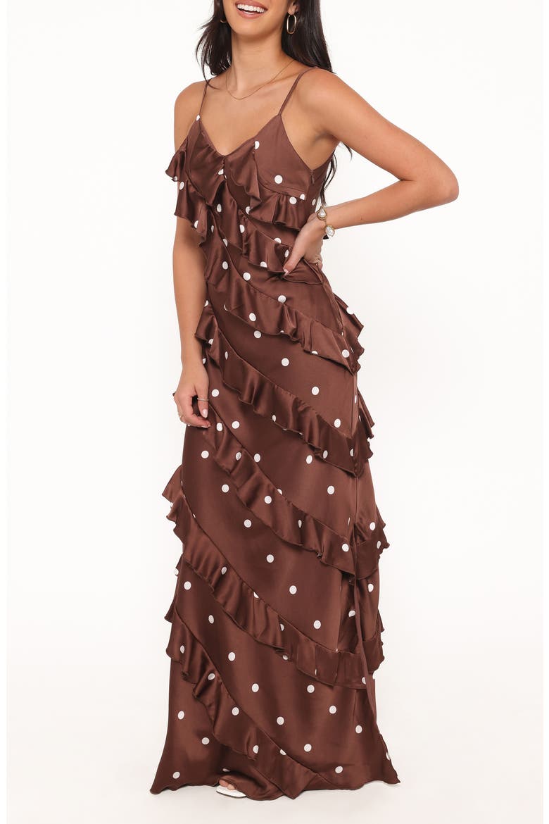 Ciao Floral Ruffle Satin Maxi Dress, Alternate, color, BROWN POLKA DOT