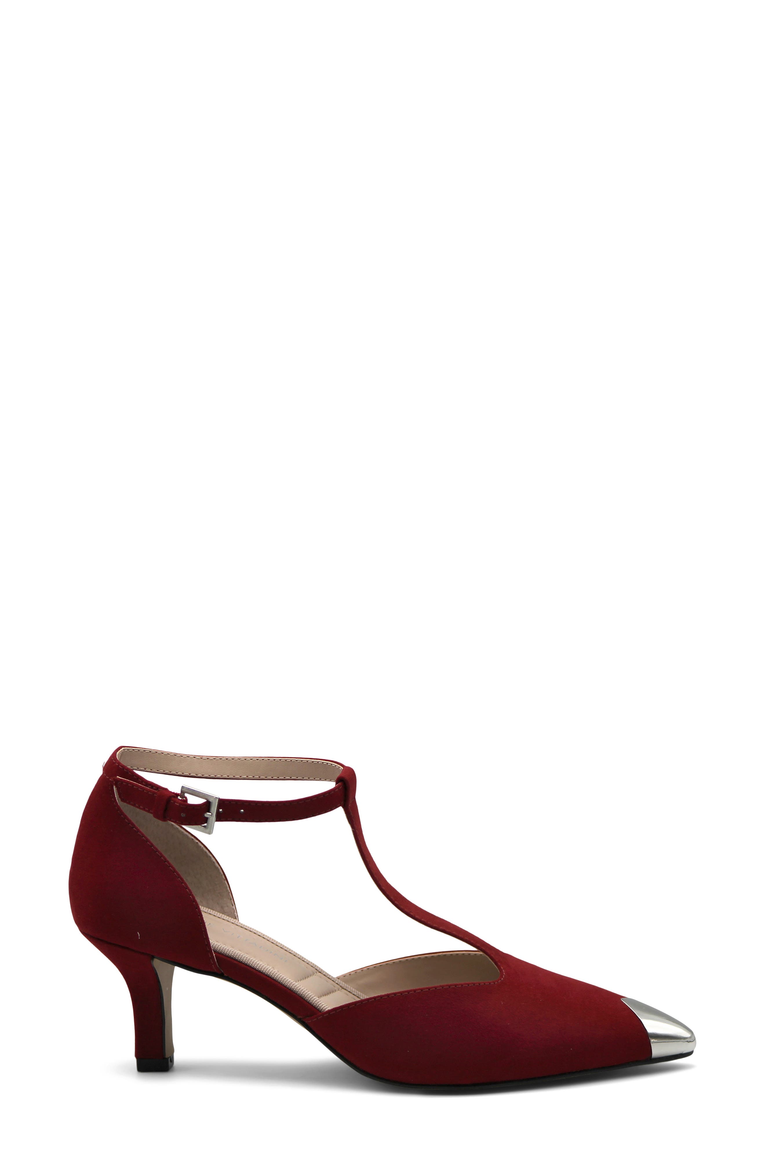 Pristine T-Strap Pointed Toe Pump, Alternate, color, RED