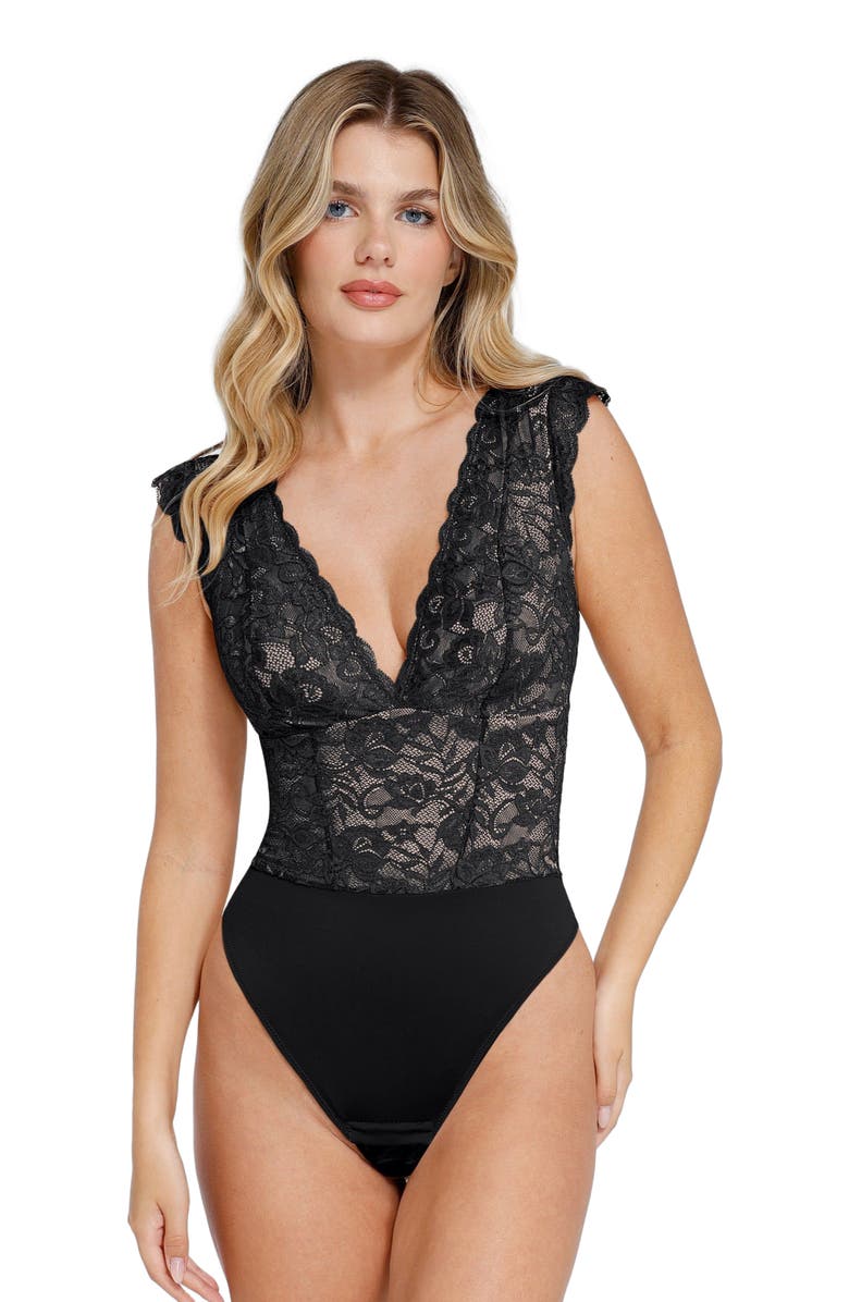 Popilush Shapewear Sculpting Lace Bodysuit, Main, color, Midnight Black