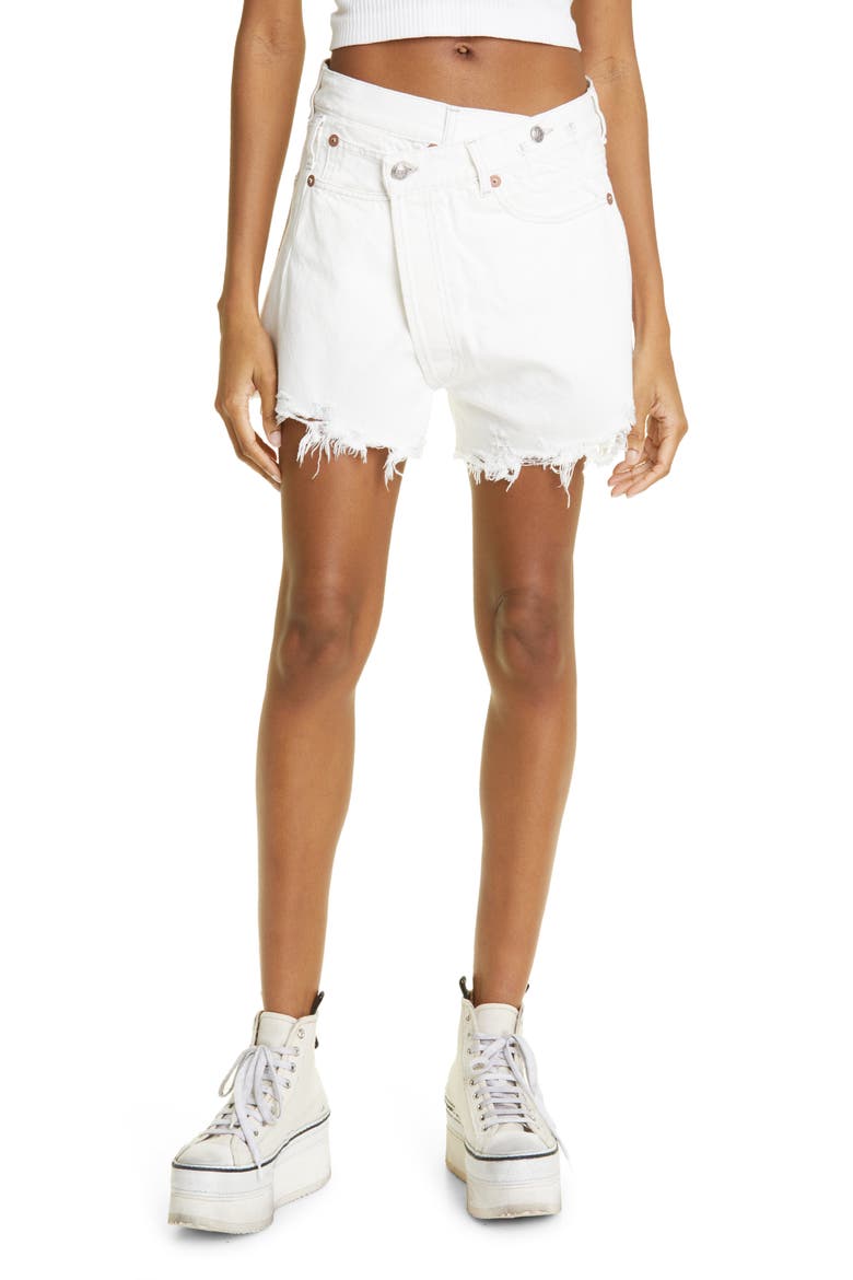 Shredded Crossover Denim Shorts, Main, color, NICO WHITE