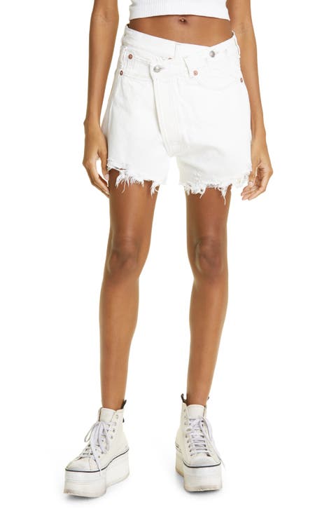 Shredded Crossover Denim Shorts (Nico White)