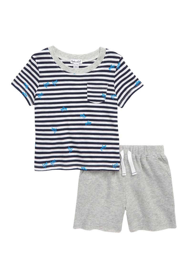 Turtle Stripe T-Shirt & Shorts Set, Main, color, DRESS BLUES