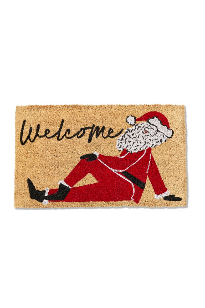 Welcome Sentiment Posing Santa Coir Door Mat Multicolored, Main, color, Brown