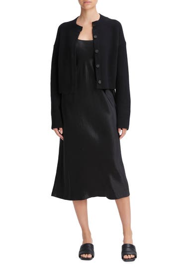 Vince Cropped Stretch Wool Button Cardigan In Black