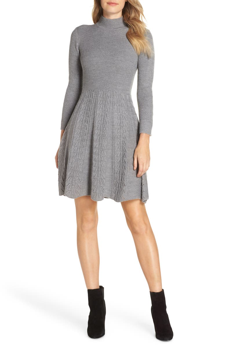 Eliza J Mock Neck Fit & Flare Sweater Dress, Main, color, 