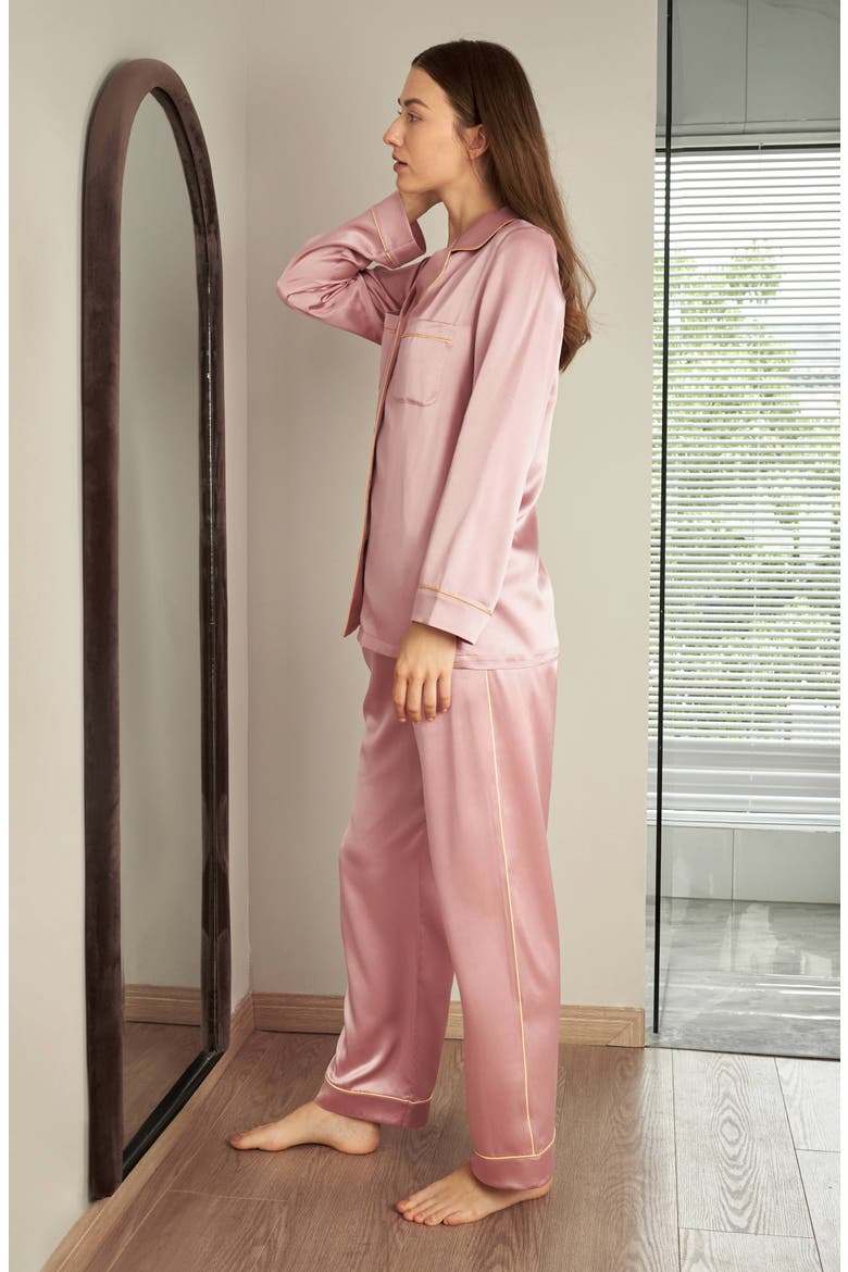 Women's Gold Piping Silk Pajamas Set, Alternate, color, Rosy Pink
