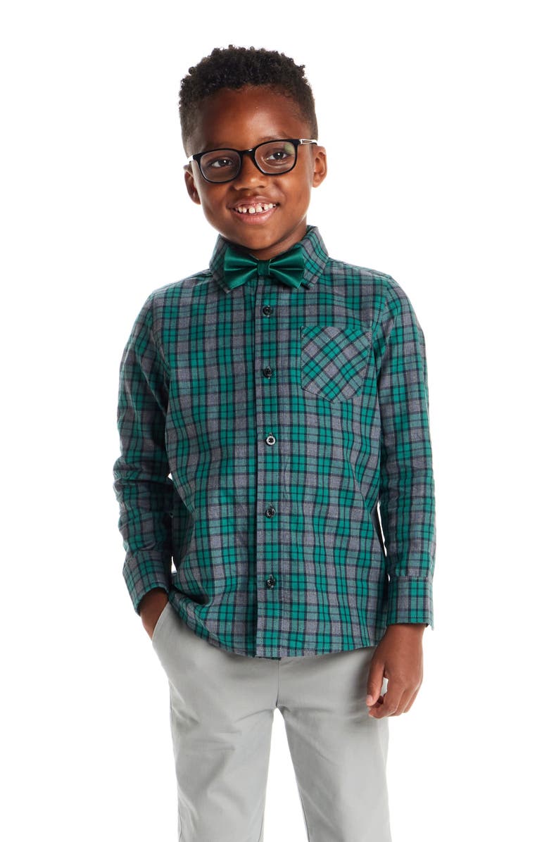 Andy & Evan Kids' Two-Piece Plaid Cotton Flannel Button-Up Shirt & Bow Tie Set, Alternate, color, Green Plaid