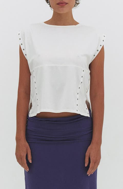 Snap Detail Convertible Cap Sleeve T-Shirt