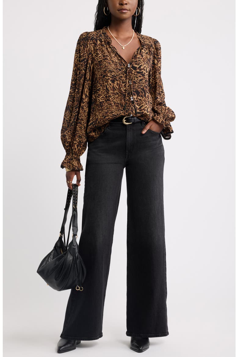 Floral Ruffled Button Front Shirt, Alternate, color, TAN- BLACK LEOPARD ABSTRACT