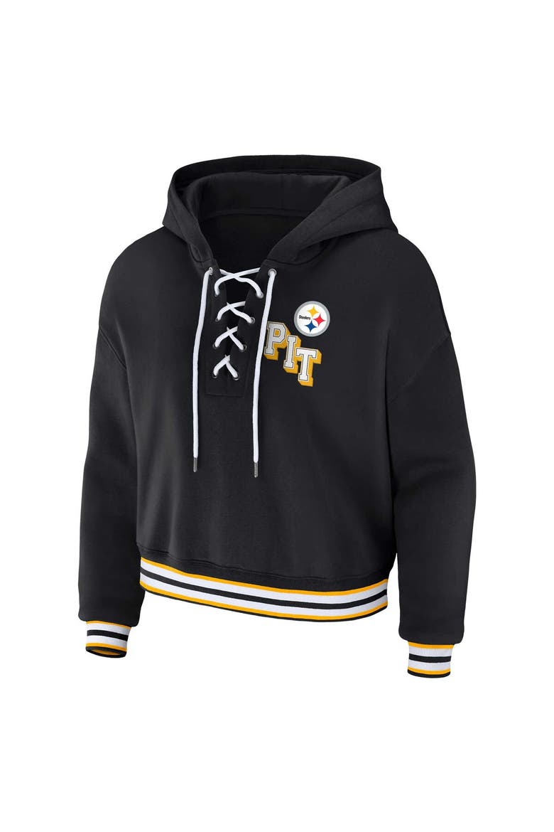 Women's WEAR by Erin Andrews Black Pittsburgh Steelers Plus Size Lace-Up Pullover Hoodie, Alternate, color, Black