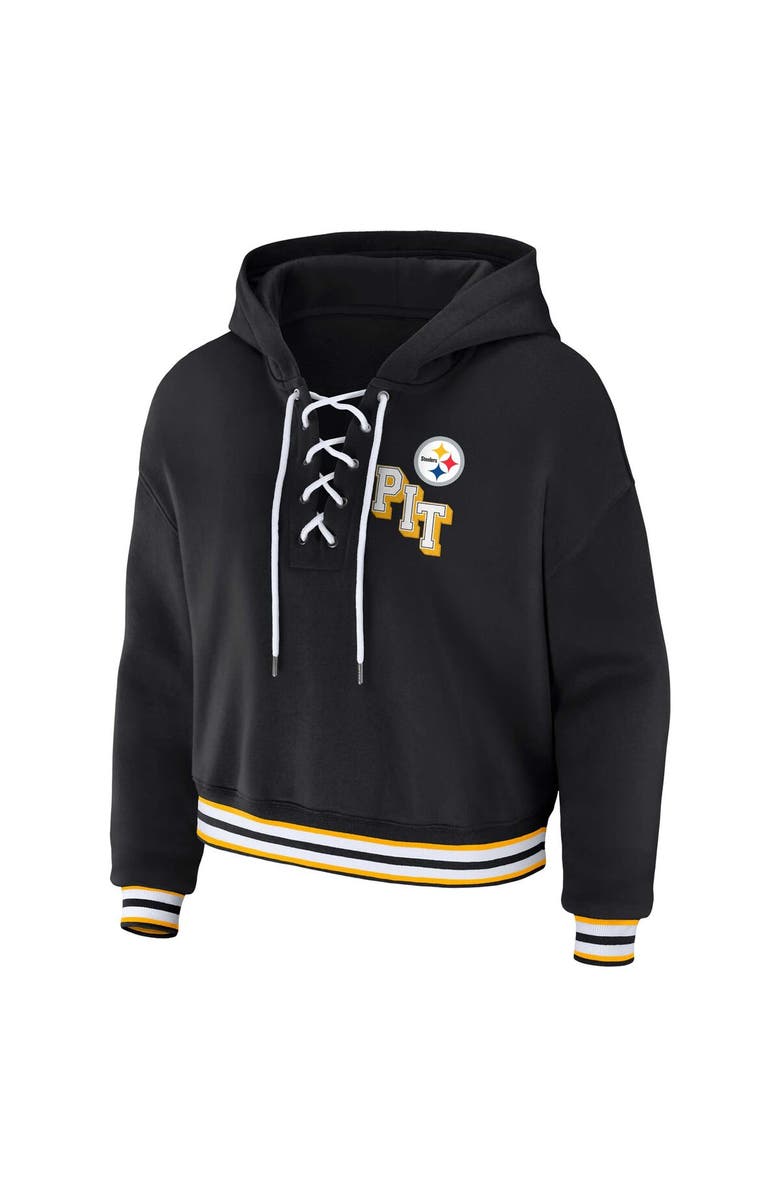 WEAR by Erin Andrews Women's WEAR by Erin Andrews Black Pittsburgh Steelers Plus Size Lace-Up Pullover Hoodie, Alternate, color, Black