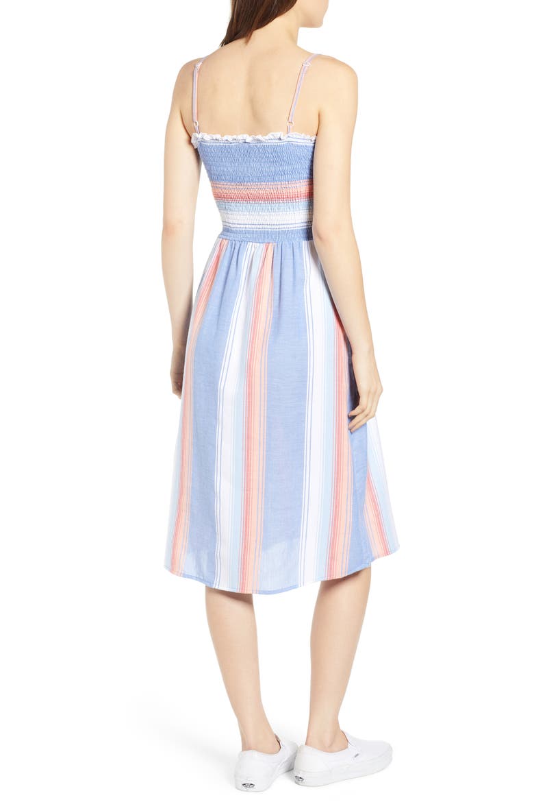 Smocked Bodice Stripe Midi Dress, Alternate, color, BLUE CORAL