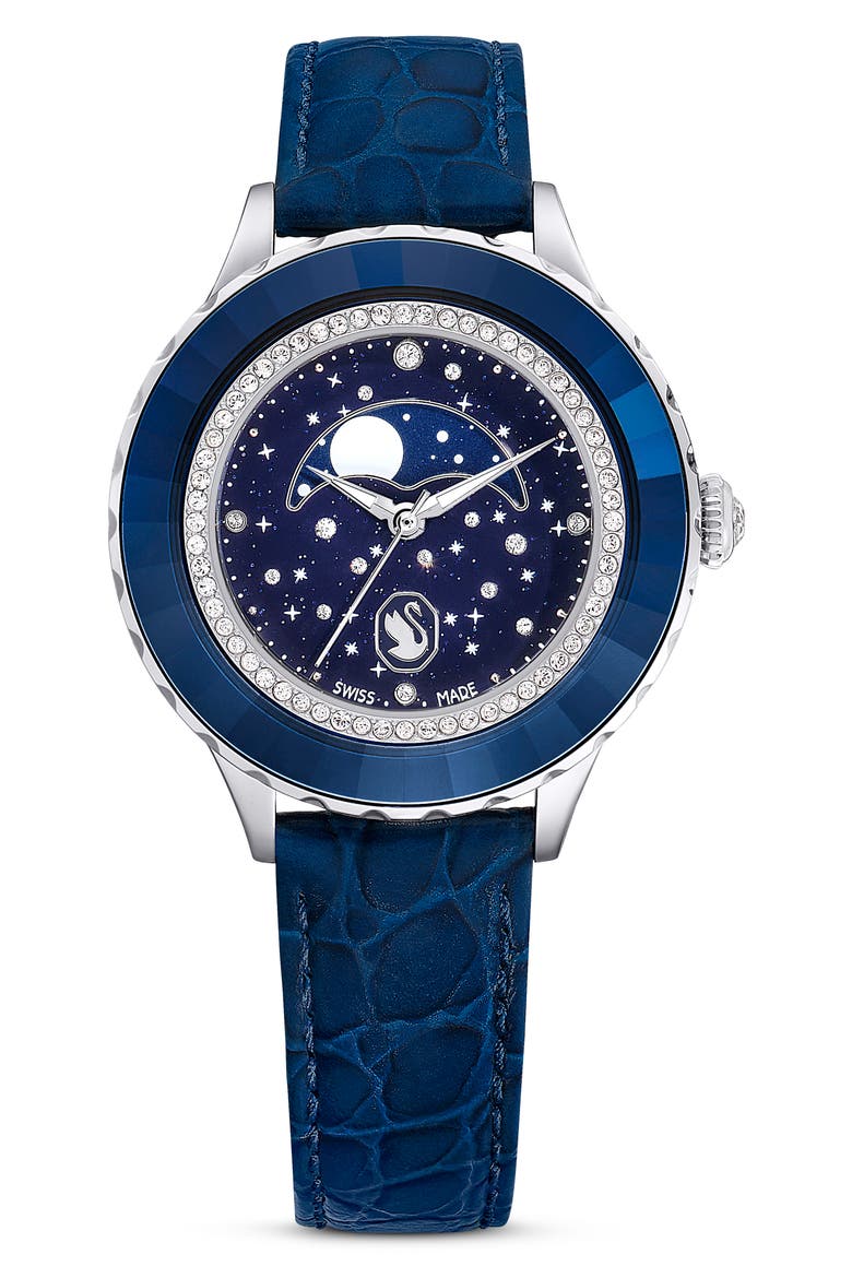 Octea Moon Leather Strap Watch, 37mm, Main, color, BLUE