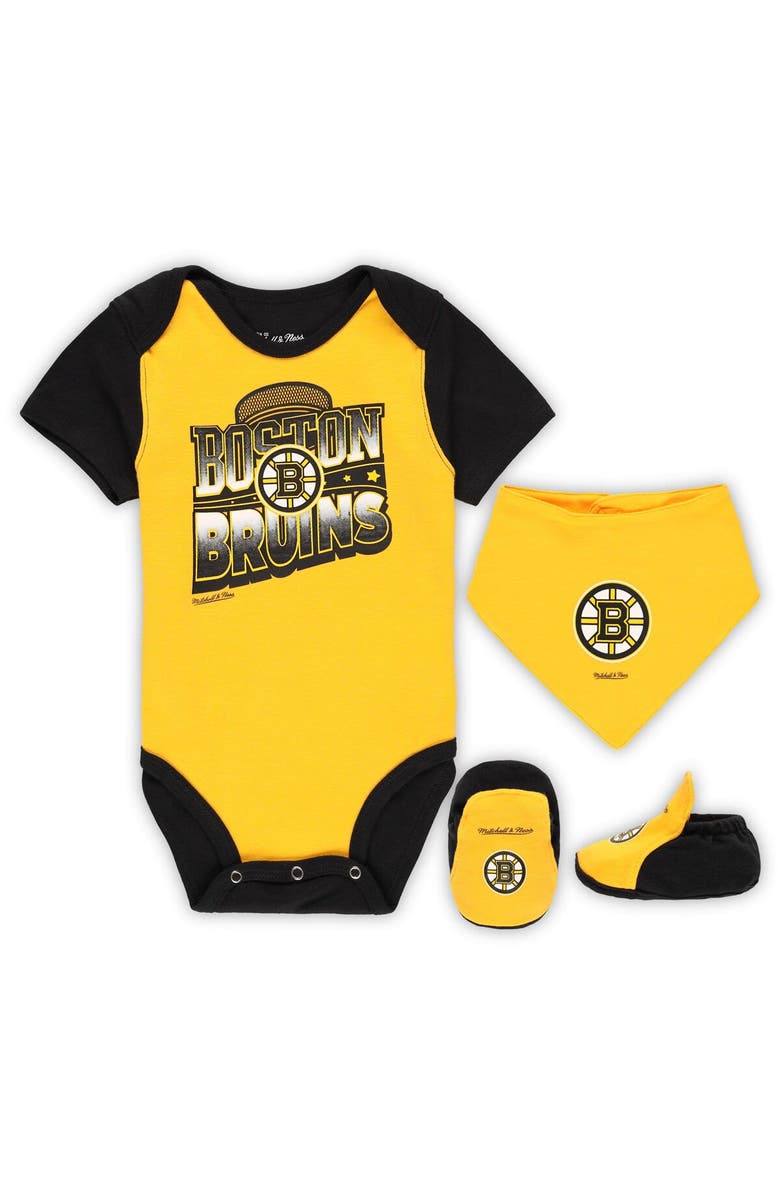 Mitchell & Ness Infant Mitchell & Ness Gold/Black Boston Bruins Big Score 3-Pack Bodysuit, Bib and Bootie Set, Main, color, Gold