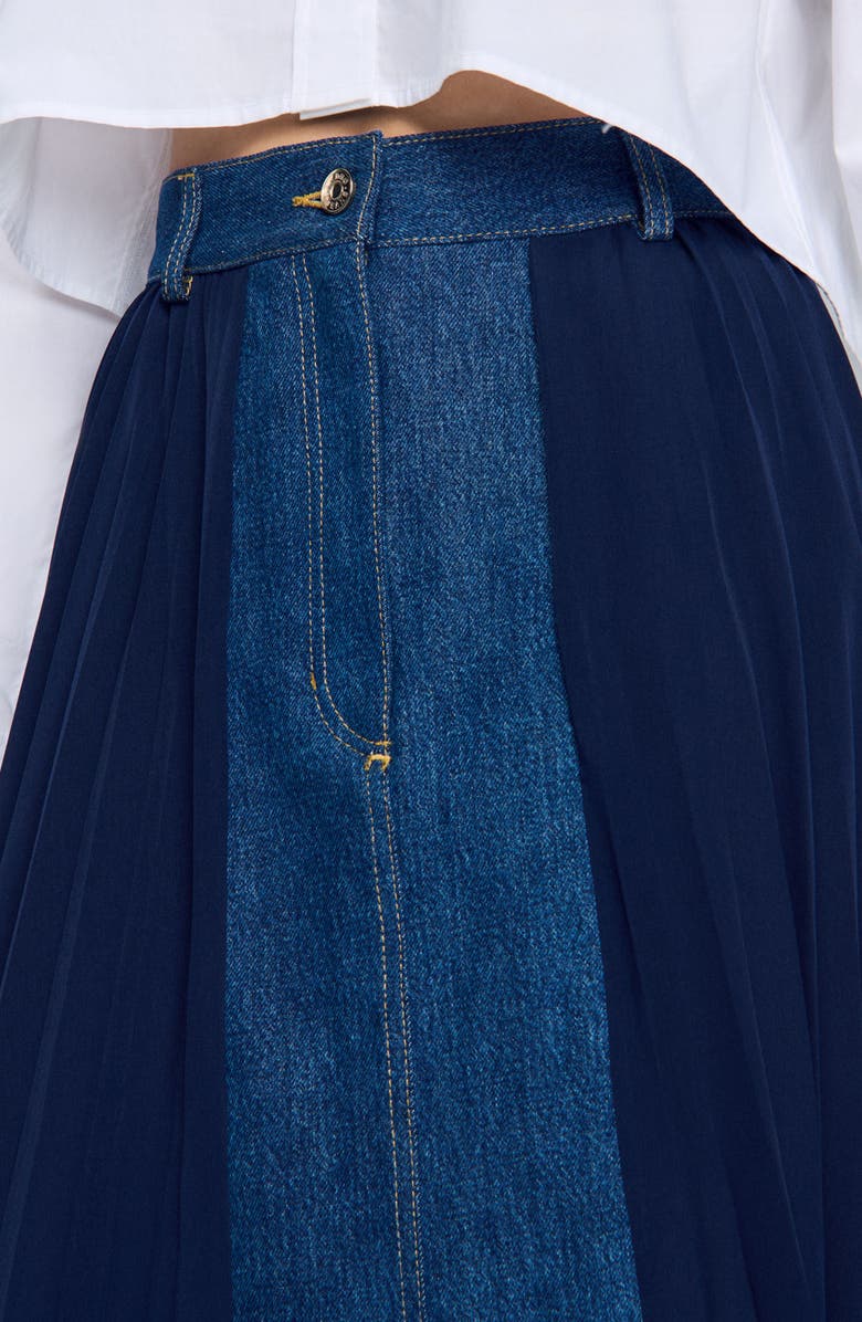 SANDRO Dual-material denim pleated skirt, Alternate, color,