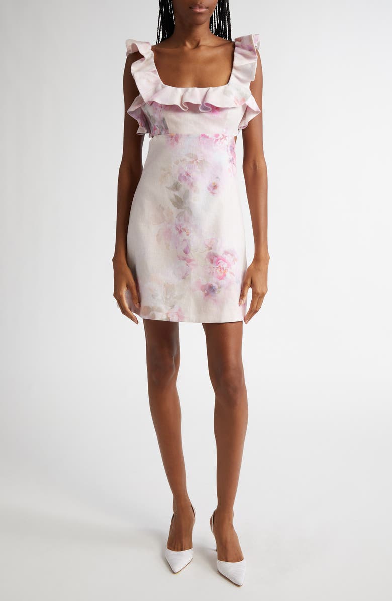 Zimmermann Print Ruffle Cutout Linen Minidress, Main, color, Pink Floral