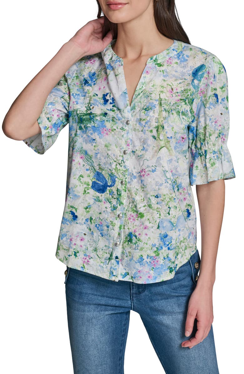 KARL LAGERFELD PARIS Print Puff Sleeve Top, Main, color, Sky Blue Multi