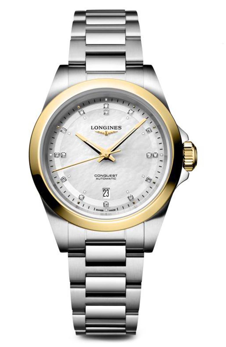 Longines Conquest 18K Gold Bezel, Mother-of-Pearl & Diamond Automatic Bracelet Watch, 30mm, Main, color, White Mother-Of-Pearl