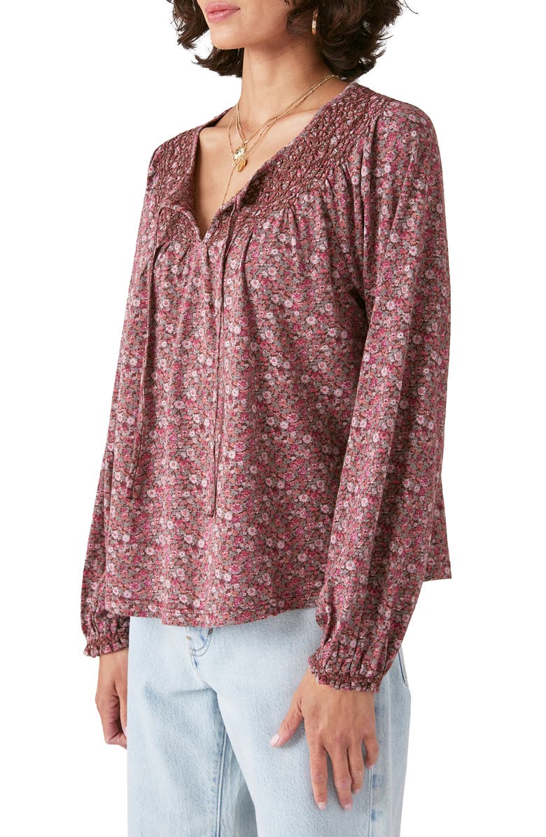 Lucky Brand Smock Notch Neck Long Sleeve Cotton Blend Blouse, Alternate, color, 