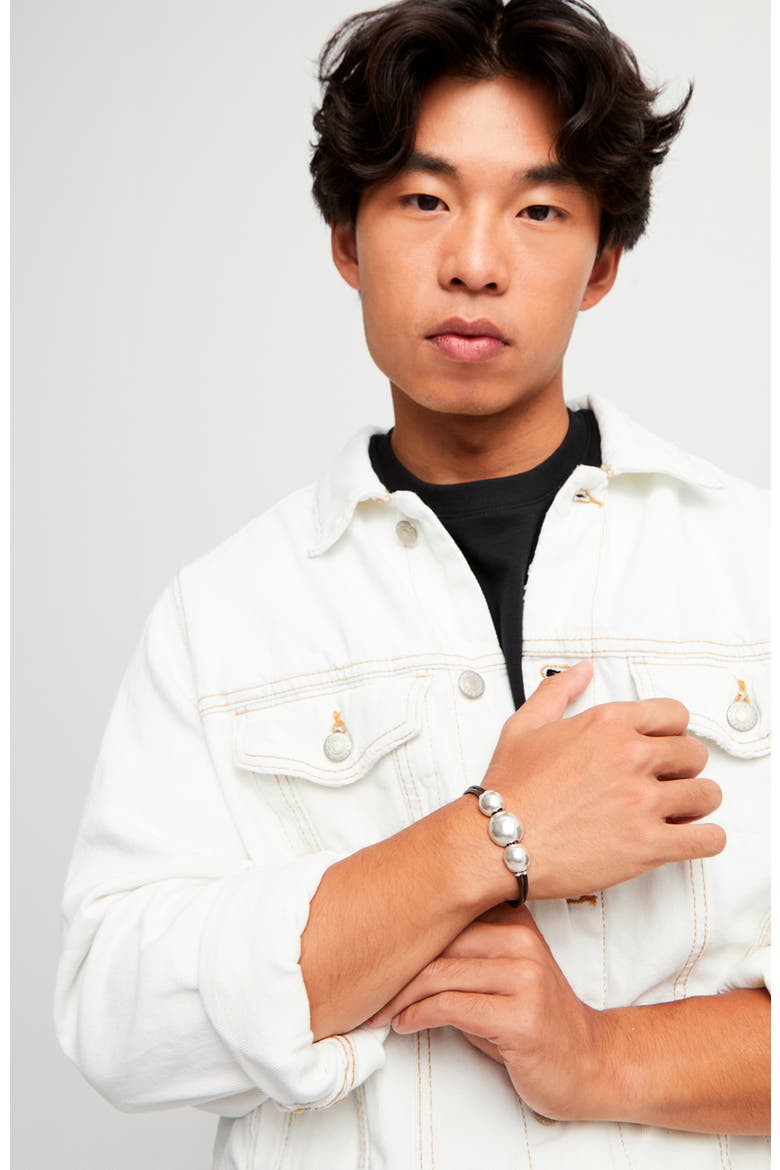 Sterling Silver-Plated Leather Strap with Three Large Central Balls, Alternate, color, Silver