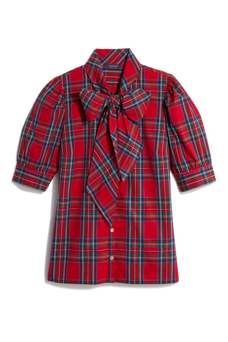 Plaid Bow Neck Stretch Cotton Poplin Button-Up Shirt, Alternate, color, ROYAL STEWART - RED
