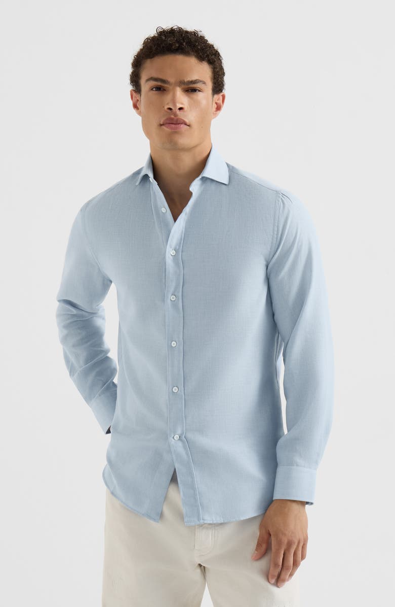 Brunello Cucinelli Cotton and cashmere denim-effect diagonal shirt with spread collar, Main, color, Sky Blue