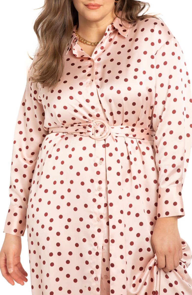 ELOQUII Polka Dot Long Sleeve Satin Shirtdress, Alternate, color,