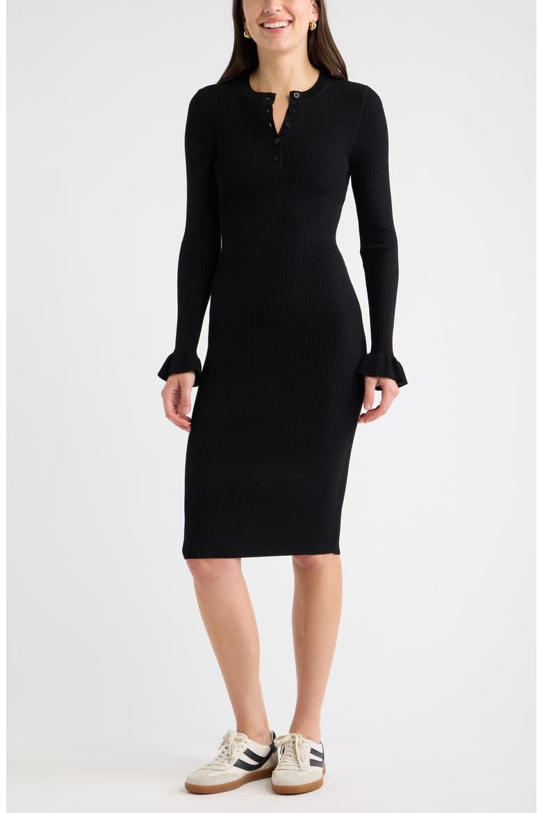 Striped Henley Sweater Dress, Main, color, BLACK