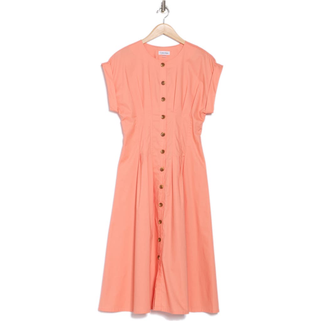 CALVIN KLEIN CALVIN KLEIN SHORT SLEEVE BUTTON FRONT COTTON BLEND MIDI DRESS