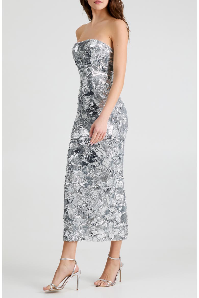 Leslie Pattern Sequin Strapless Gown, Alternate, color, PLATINUM