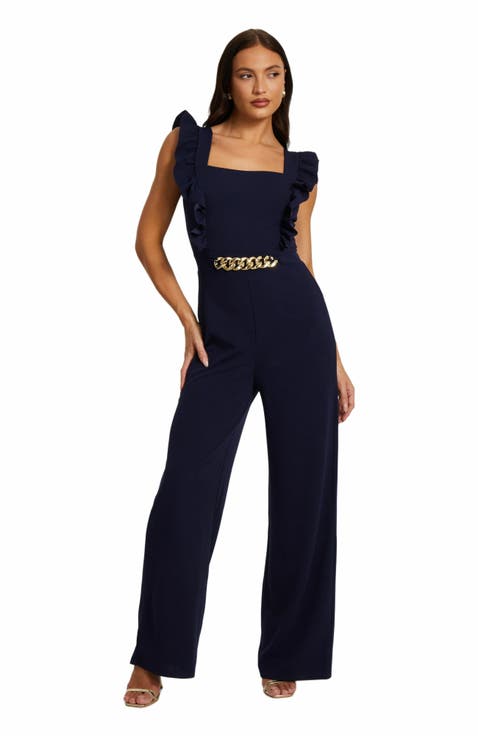 Scuba Crepe Chain Front Frill Jumpsuit