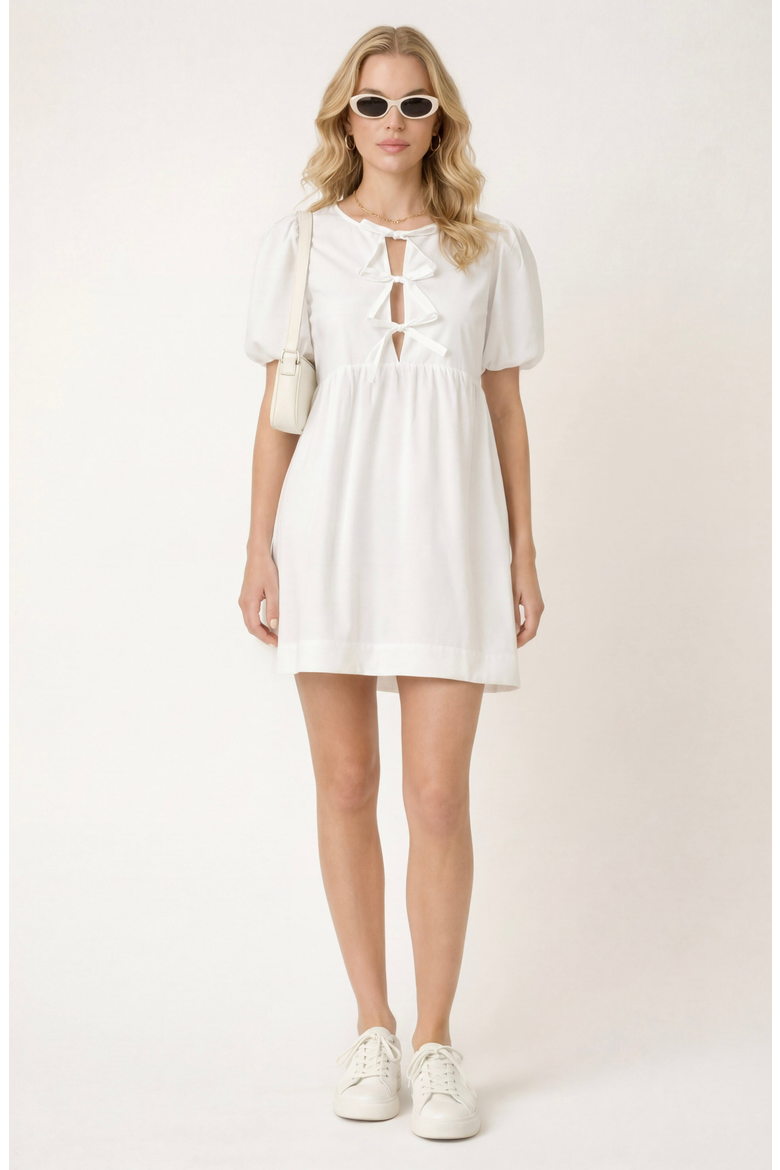 Puff Sleeve Mini Dress with Keyhole Front and Bow Tie Detail, Main, color, White