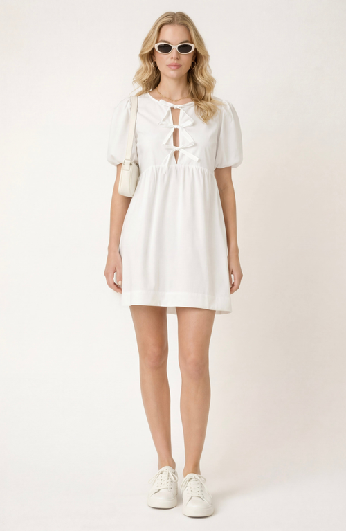 Modenaire Puff Sleeve Mini Dress with Keyhole Front and Bow Tie Detail in White at Nordstrom, Size Large
