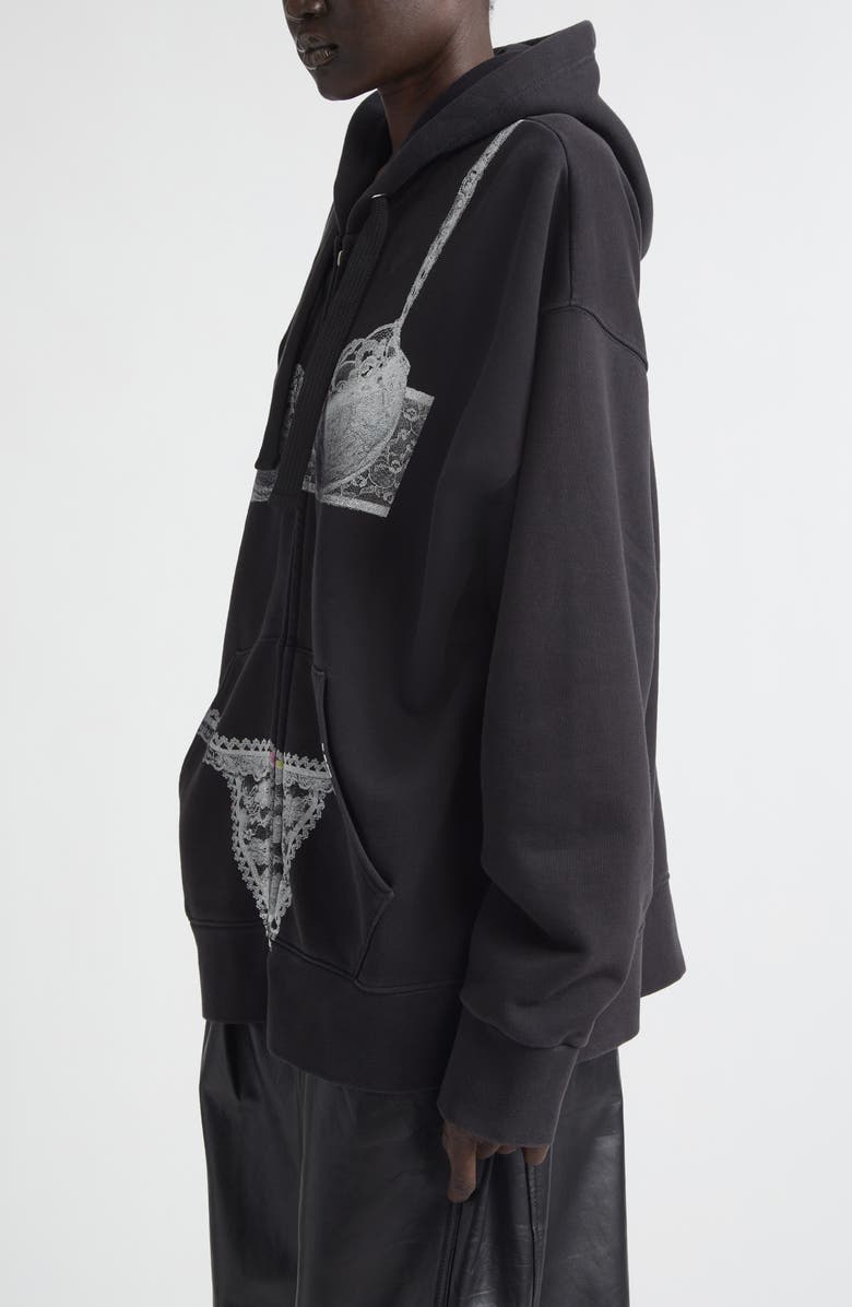 Vaquera Trompe l'Oeil Lingerie Oversize Full Zip Hoodie, Alternate, color, Washed Black