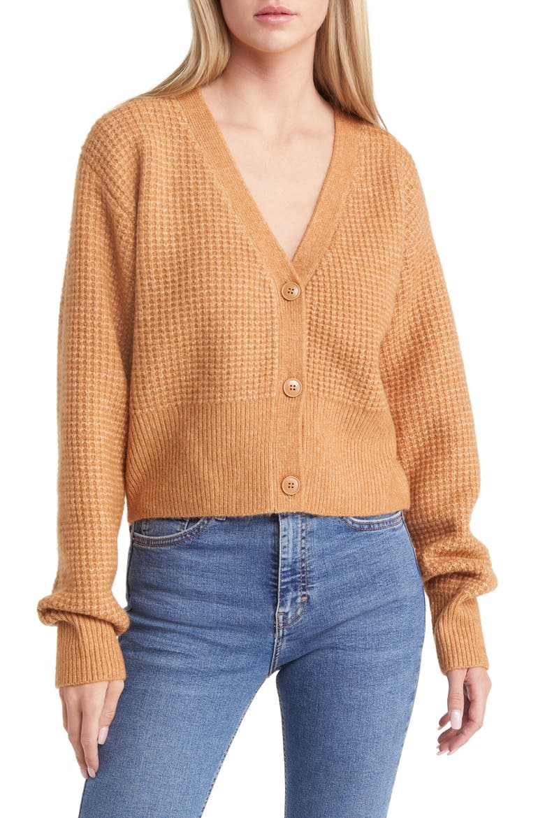 Waffle Knit Crop Cardigan, Main, color, CAMEL