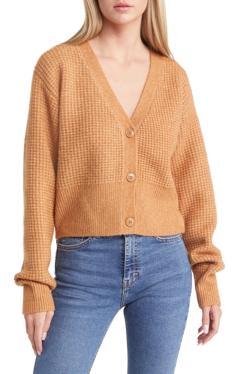 Topshop Waffle Knit Crop Cardigan, Main, color, Camel