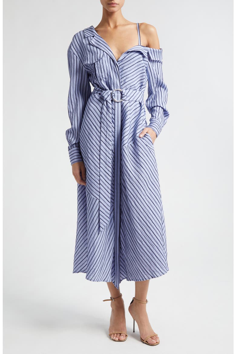 Marcella Asymmetric Stripe Long Sleeve Midi Shirtdress, Main, color, NAVY/ RAINCLOUD