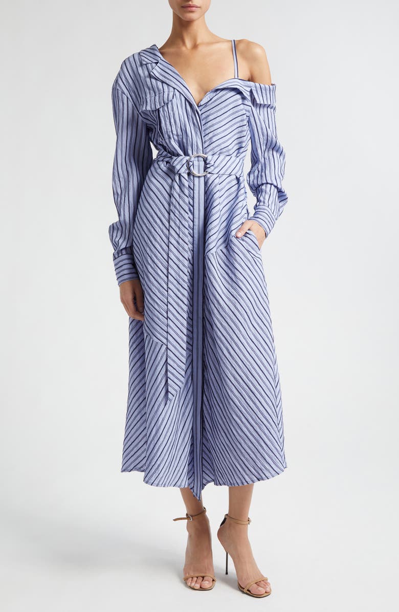 Cinq à Sept Marcella Asymmetric Stripe Long Sleeve Midi Shirtdress, Main, color, 