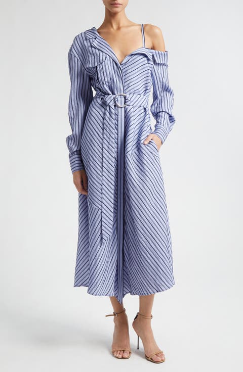 Marcella Asymmetric Stripe Long Sleeve Midi Shirtdress