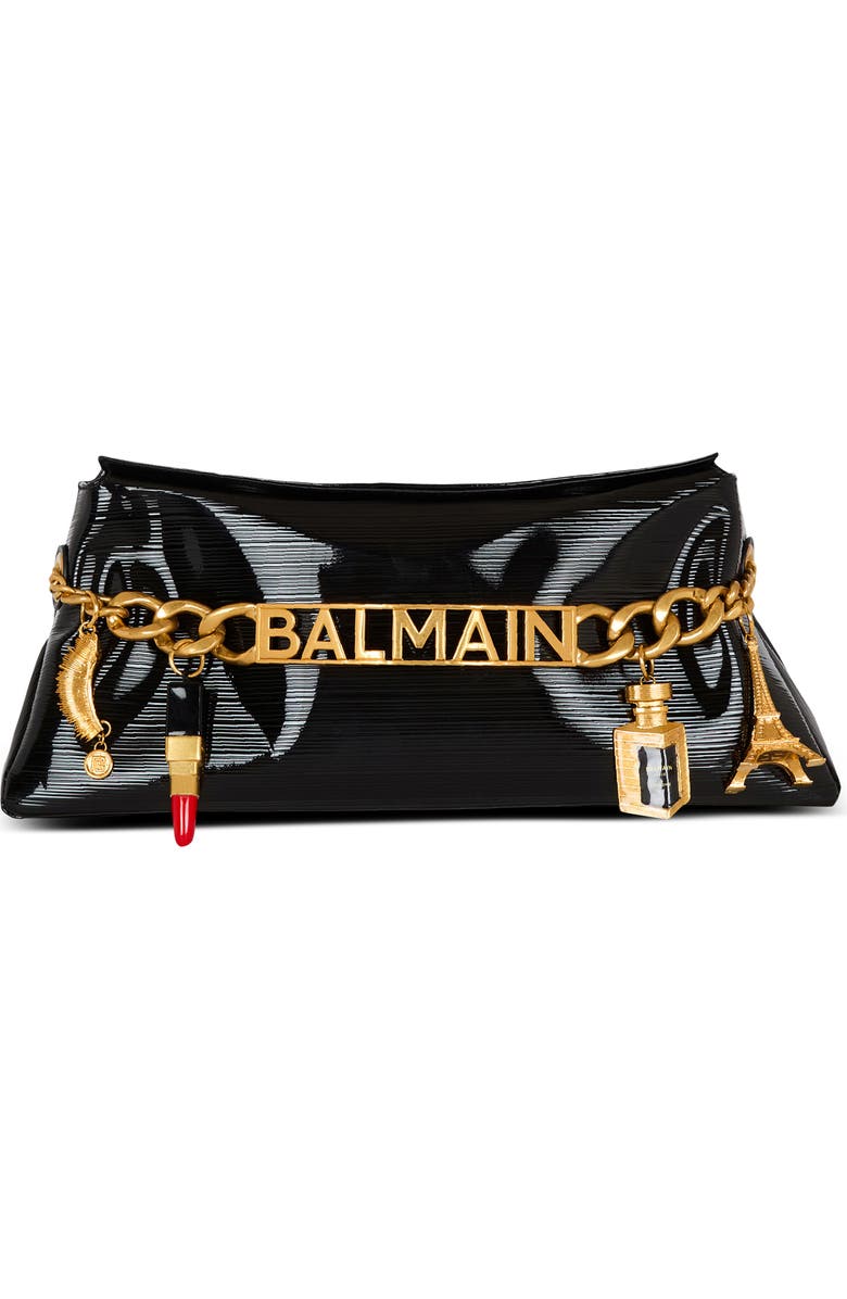 Balmain 1945 Charm Chain Soft Patent Leather Clutch, Main, color,