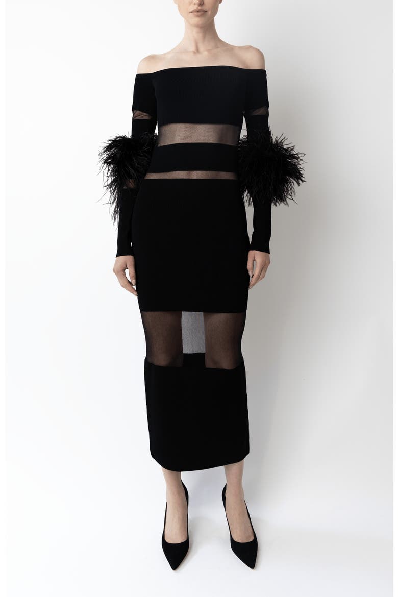 Matte Viscose Intarsia Dress With Feathers, Main, color, Black
