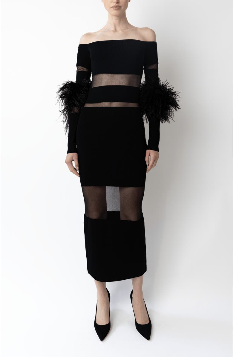 LAPOINTE Matte Viscose Intarsia Dress With Feathers, Main, color, Black