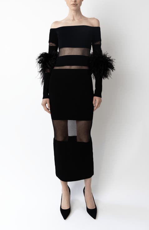 Matte Viscose Intarsia Dress With Feathers