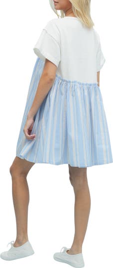 Stripe Twofer Mixed Media Cotton Babydoll Dress