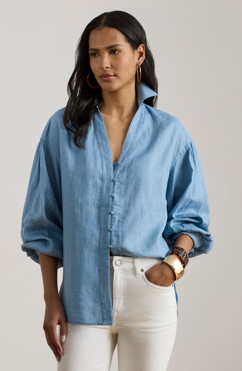 Lauren Ralph Lauren Relaxed Fit Linen Button-Up Shirt, Alternate, color, Blue Note
